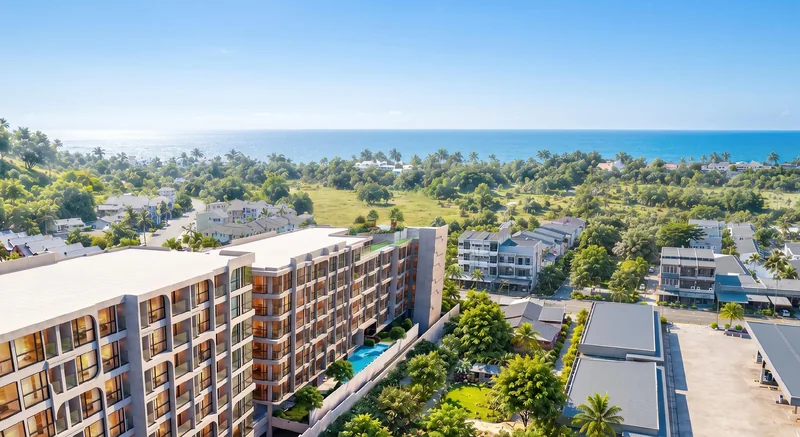 Aerial view of Vibe Downtown Karon in central Karon, Phuket