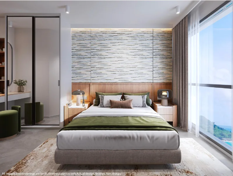 One-bedroom apartment bedroom at Vibe Downtown Karon