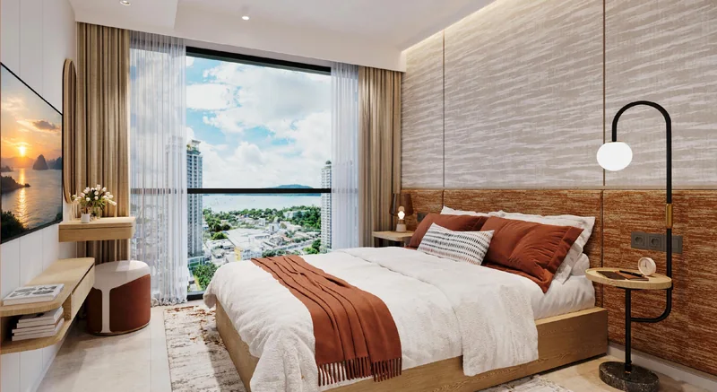 Studio bedroom area at Vibe Downtown Karon with city and sea view