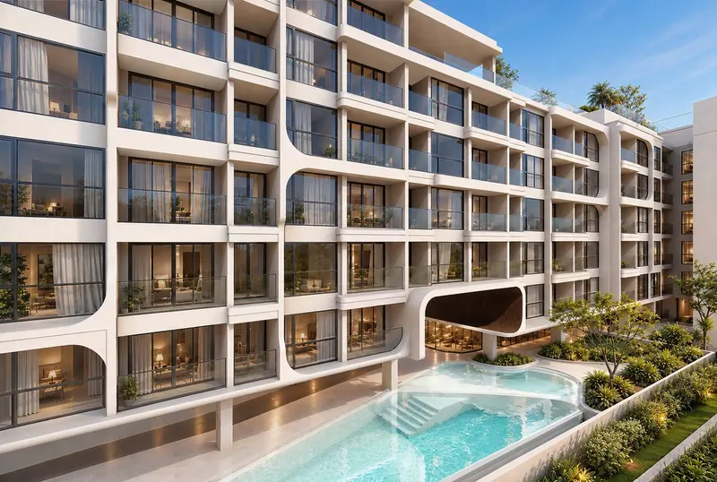 Curved balconies and the garden pool of Vibe Downtown Karon