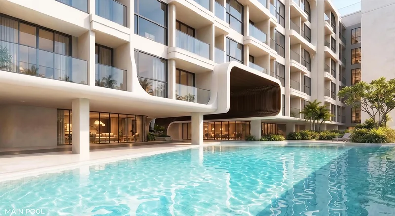 Main pool at Vibe Downtown Karon under the curved canopy