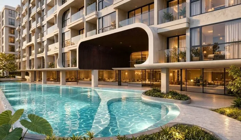 Lagoon pool and the sculpted canopy by the Vibe Downtown Karon lobby