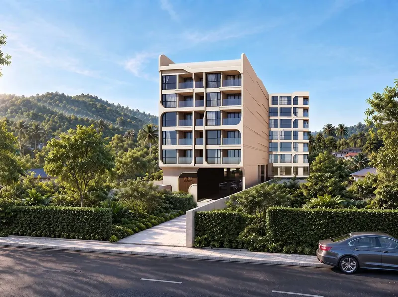 Vibe Downtown Karon from Patak Road: entrance and landscaped approach